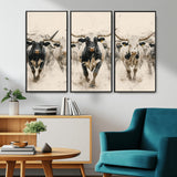 61538944-MGV-CV-36X24-Texas Longhorn Wall Art Canvas Print, Framed Cattles Walking Art Picture Print, Black White Bulls Perfect Rustic Western Decor