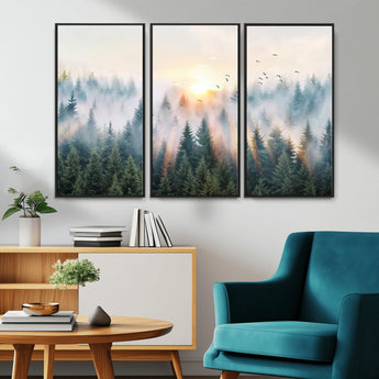 92718976-MGV-CV-36X24-Misty Forest Wall Art Canvas Print, Framed Sunrise Pines Art Picture Print, Foggy Woodland Perfect Moody Woodland Decor Artwork