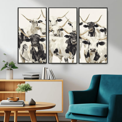 52947970-MGV-CV-36X24-Texas Longhorn Wall Art Canvas Print, Framed Cattle Herd Art Picture Print, Herd Portrait Perfect Modern Farmhouse Decor Artwork