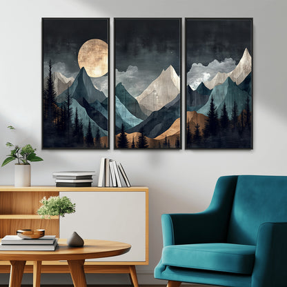 11060882-MGV-CV-36X24-Moonlit Mountains Wall Art Canvas Print, Framed Forest Silhouette Art Picture Print, Night Landscape Perfect Modern Forest Decor