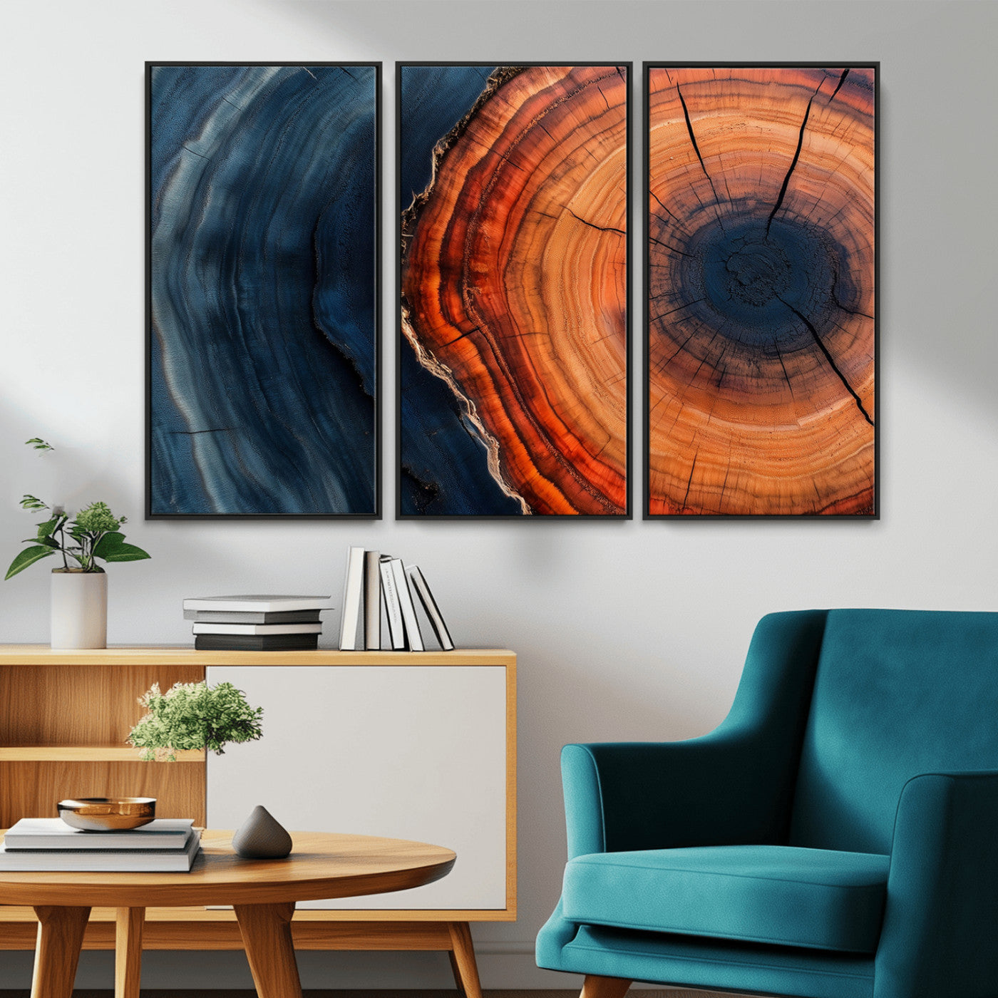 57732250-MGV-CV-36X24-Tree Ring Abstract Wall Art – Blue Orange Wood Grain Canvas Print, Modern Rustic Nature Artwork for Living Room, Office,