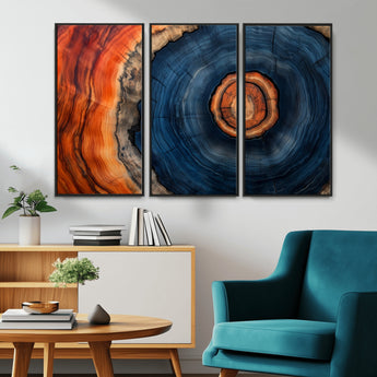 72209152-MGV-CV-36X24-Abstract Tree Ring Wall Art – Vibrant Blue Orange Wood Grain Canvas Print, Rustic Modern Nature Artwork for Living Room, Office,