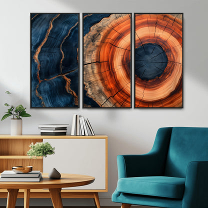 41123192-MGV-CV-36X24-Tree Ring Canvas Wall Art – Abstract Blue Orange Wood Grain Print, Rustic Modern Nature Artwork for Living Room, Bedroom, Office