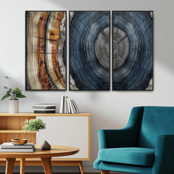 91368647-MGV-CV-36X24-Smoky Blue Tree Ring Wall Art – Rustic Wood Cross Section Canvas Print, Modern Nature Inspired Decor for Living Room, Office, or
