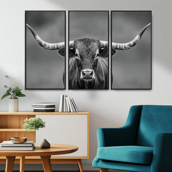 81228550-MGV-CV-36X24-Framed Texas Longhorn Bull Art Canvas Print, Western Bull Wall Art Print, Long Horn Bull Photo Print for Log Cabin, Large Bull