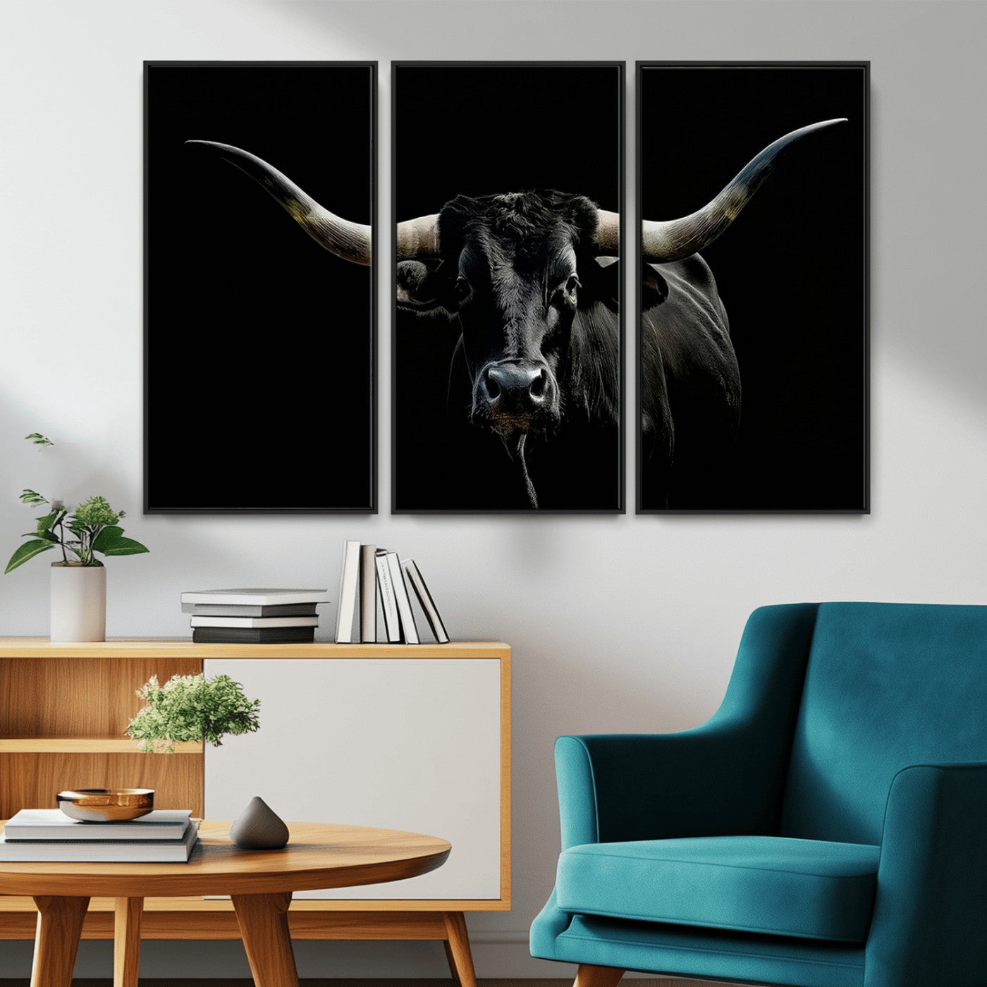 37531960-MGV-CV-36X24-Black Longhorn Bull Wall Art – Dramatic Western Cattle Canvas Print, Rustic Farmhouse Animal Artwork for Living Room, Bedroom,