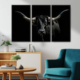 37531960-MGV-CV-36X24-Black Longhorn Bull Wall Art – Dramatic Western Cattle Canvas Print, Rustic Farmhouse Animal Artwork for Living Room, Bedroom,