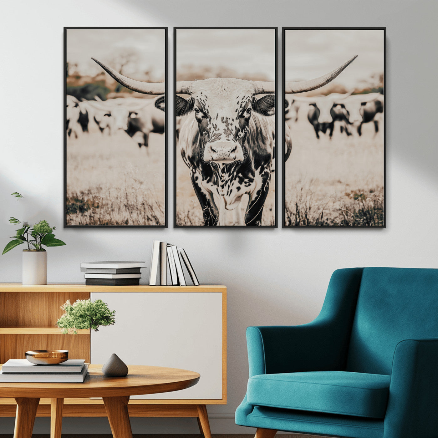 27497342-MGV-CV-36X24-Texas Longhorn Wall Art Canvas Print, Framed Speckled Cow Art Picture Print, Horned Cattle Perfect Rustic Western Decor Artwork
