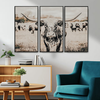 27497342-MGV-CV-36X24-Texas Longhorn Wall Art Canvas Print, Framed Speckled Cow Art Picture Print, Horned Cattle Perfect Rustic Western Decor Artwork