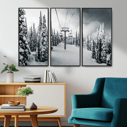 31156828-MGV-CV-36X24-Snowy Pines Wall Art Canvas Print, Framed Ski Lift Art Picture Print, Winter Forest Perfect Moody Lodge Decor Artwork