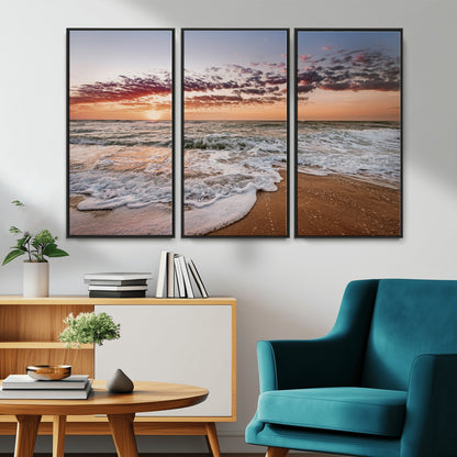 39846389-MGV-CV-36X24-Ocean Sunset Wall Art Canvas Print, Framed Sandy Shore Art Picture Print, Gentle Waves Perfect Minimalist Coastal Decor Artwork