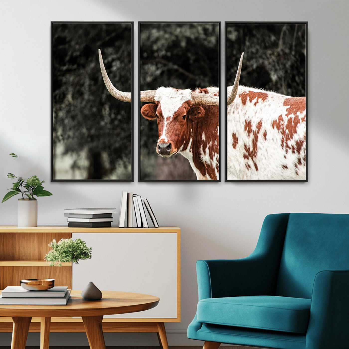 54027638-MGV-CV-36X24-Texas Longhorn Wall Art Canvas Print, Framed Spotted Cow Art Picture Print, Horned Bull Perfect Rustic Western Decor Artwork