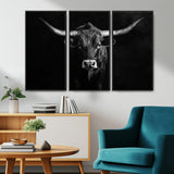 42077175-MGV-CV-36X24-Texas Longhorn Wall Art Canvas Print, Framed Monochrome Bull Art Picture Print, Horned Bull Perfect Rustic Western Decor Artwork