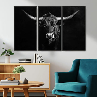 42077175-MGV-CV-36X24-Texas Longhorn Wall Art Canvas Print, Framed Monochrome Bull Art Picture Print, Horned Bull Perfect Rustic Western Decor Artwork