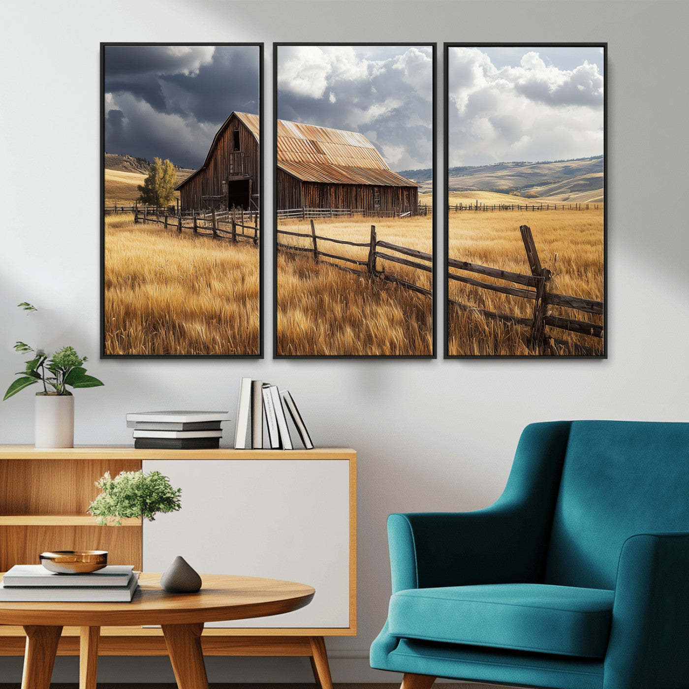 38758826-MGV-CV-36X24-Rustic Barn Wall Art Canvas Print, Framed Moody Barn Art Picture Print, Golden Field Perfect Rustic Farmhouse Decor Artwork