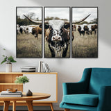 79025945-MGV-CV-36X24-Texas Longhorn Wall Art Canvas Print, Framed Speckled Cow Art Picture Print, Horned Cattle Perfect Rustic Western Decor Artwork