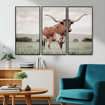28309012-MGV-CV-36X24-Texas Longhorn Wall Art Canvas Print, Framed Spotted Cattle Art Picture Print, Horned Bull Perfect Rustic Western Decor Artwork