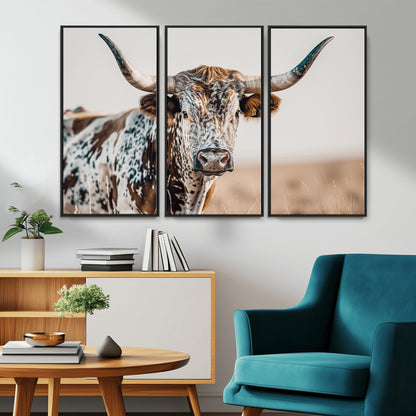 70414966-MGV-CV-36X24-Texas Longhorn Wall Art Canvas Print, Framed Speckled Cow Art Picture Print, Horned Bull Perfect Rustic Western Decor Artwork