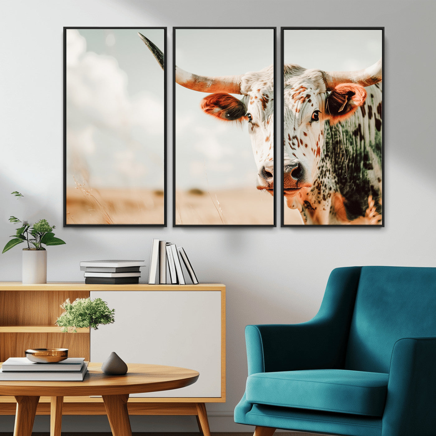 72766375-MGV-CV-36X24-Texas Longhorn Wall Art Canvas Print, Framed Spotted Cow Art Picture Print, Horned Cattle Perfect Rustic Western Decor Artwork