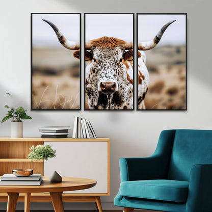 76294381-MGV-CV-36X24-Texas Longhorn Wall Art Canvas Print, Framed Spotted Cow Art Picture Print, Horned Cattle Perfect Rustic Western Decor Artwork