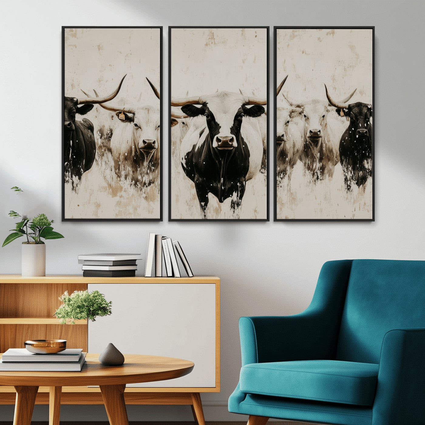 12027562-MGV-CV-36X24-Longhorn Cattle Wall Art Canvas Print, Framed Bison Herd Art Picture Print, Cattle Group Perfect Rustic Farmhouse Decor Artwork