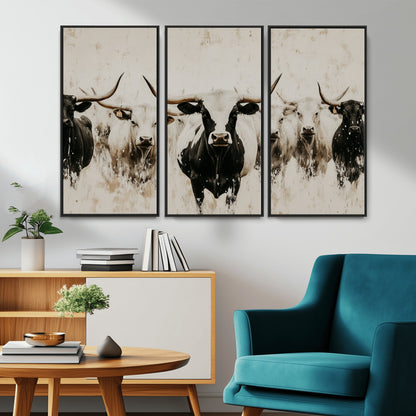 12027562-MGV-CV-36X24-Longhorn Cattle Wall Art Canvas Print, Framed Bison Herd Art Picture Print, Cattle Group Perfect Rustic Farmhouse Decor Artwork