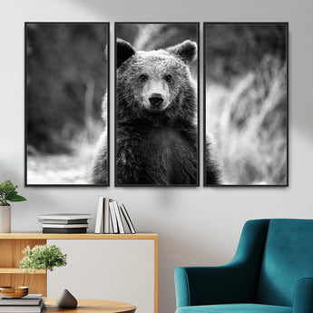 MGV-FC-48X32-3P - Grizzly Bear Wall Art Canvas Print, Framed Black White Bear Art Picture Print, Wild Bear Perfect Rustic Wildlife Decor Artwork