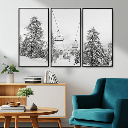 55003599-MGV-CV-36X24-Snowy Ski Lift Wall Art Canvas Print, Framed Winter Forest Art Picture Print, Ski lift Ride Perfect Winter Lodge Decor Artwork