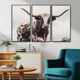 95249234-MGV-CV-36X24-Texas Longhorn Wall Art Canvas Print, Framed Spotted Bull Art Picture Print, Horned Cattle Perfect Rustic Farmhouse Decor Artwork