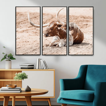 91248682-MGV-CV-36X24-Texas Longhorn Wall Art Canvas Print, Framed Resting Bull Art Picture Print, Spotted Cattle Perfect Rustic Western Decor Artwork