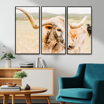 21060648-MGV-CV-36X24-Texas Longhorn Wall Art Canvas Print, Framed Speckled Cow Art Picture Print, Rustic Bull Perfect Rustic Western Decor Artwork