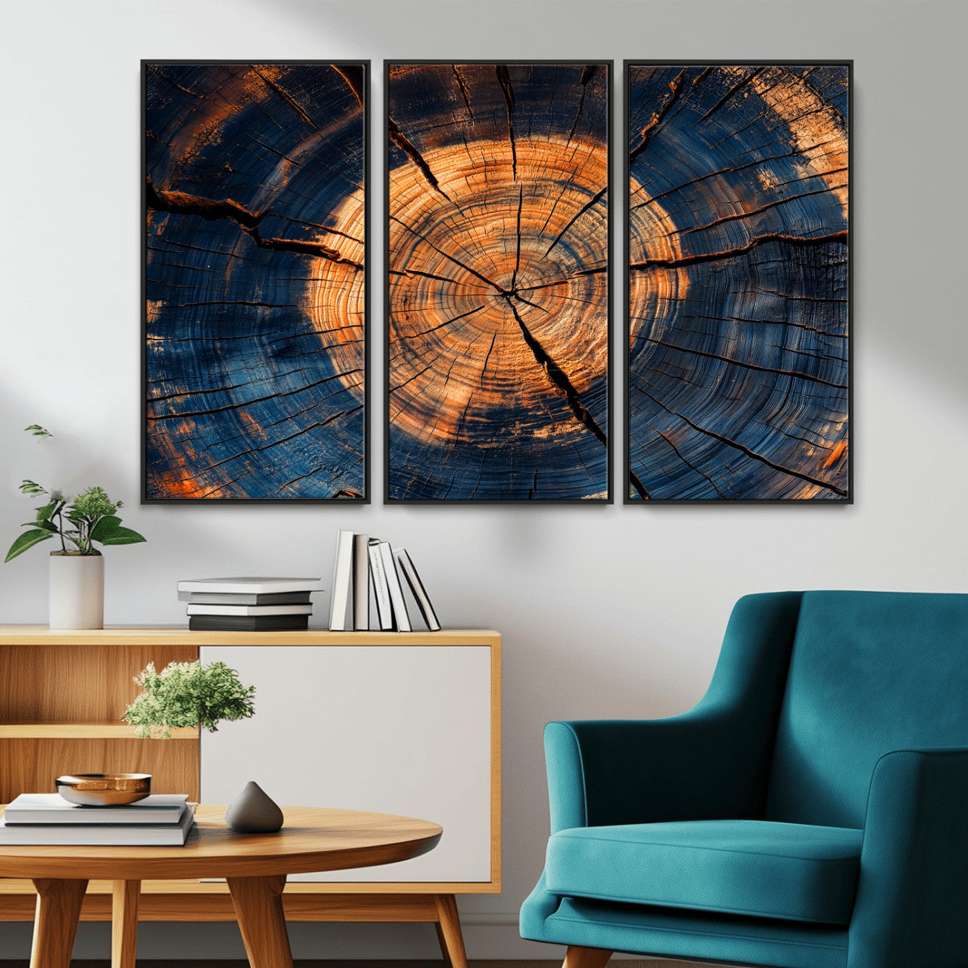 18975622-MGV-FC-48X32-3P_Black-Burnt Wood Wall Art Canvas Print, Framed Aged Timber Art Picture Print, Rustic Tree Slice Perfect Rustic Decor Artwork for Home,