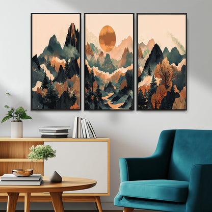 13012770-MGV-CV-36X24-Mountain Landscape Wall Art – Modern Nature Canvas Print with Sun, Misty Peaks, and Forest in Orange and Green Tones for Living