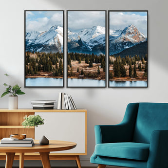 36247746-MGV-CV-36X24-Snowy Peaks Wall Art Canvas Print, Framed Alpine Lake Art Picture Print, Pine Forest Perfect Alpine Wilderness Decor Artwork