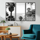 89458520-MGV-FC-48X32-3P_Black-Palm Trees Wall Art Canvas Print, Framed Coastal View Art Picture Print, Ocean Horizon Perfect Monochrome Coast Decor Artwork