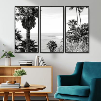 89458520-MGV-FC-48X32-3P_Black-Palm Trees Wall Art Canvas Print, Framed Coastal View Art Picture Print, Ocean Horizon Perfect Monochrome Coast Decor Artwork