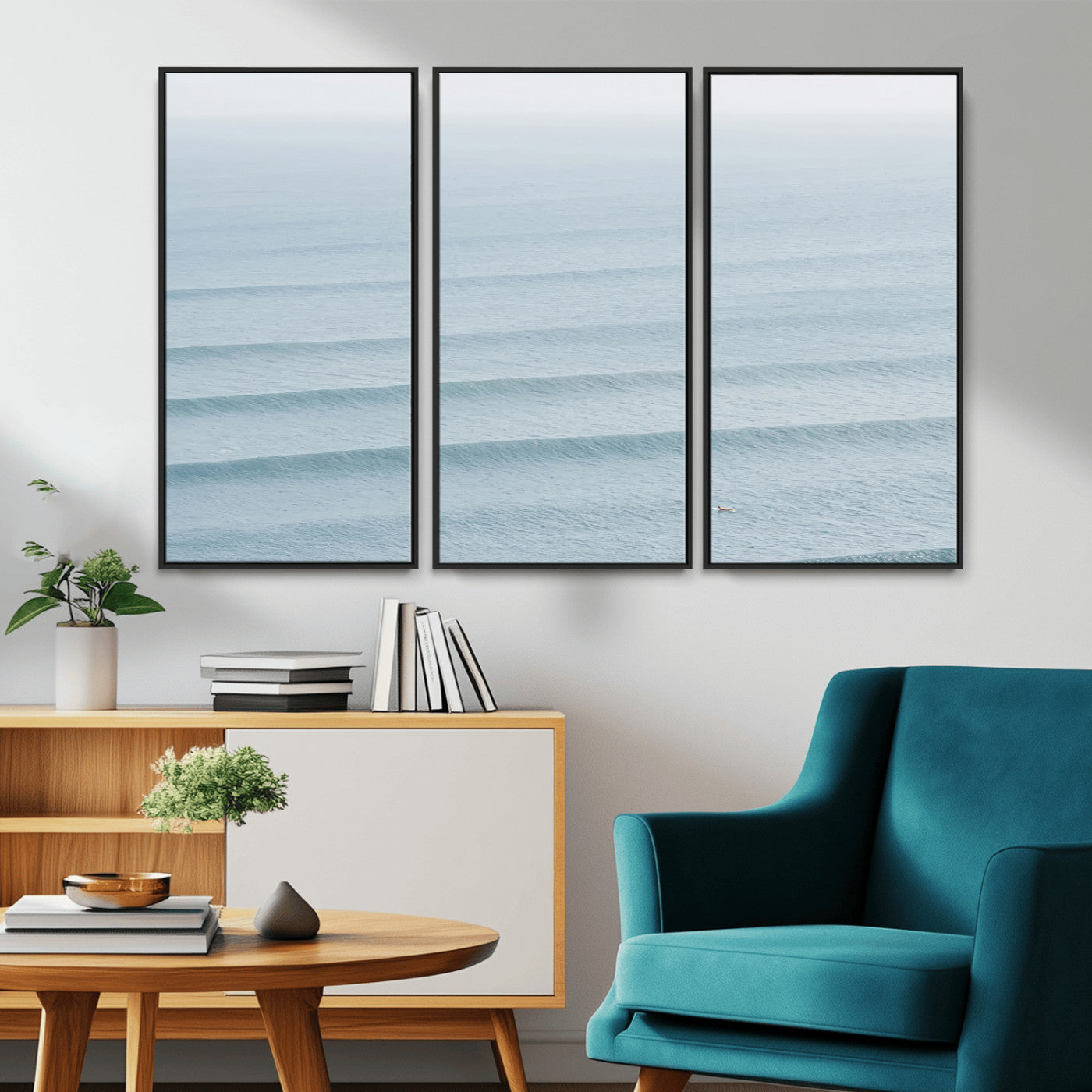 47814787-MGV-CV-36X24-Ocean Waves Wall Art Canvas Print, Framed Solo Surfer Art Picture Print, Wave Lines Perfect Minimalist Ocean Decor Artwork