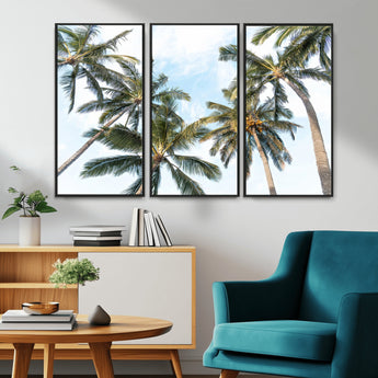 87247012-MGV-CV-36X24-Skyward Palm Trees Wall Art Canvas Print, Framed Tropical Sky Art Picture Print, Coconut Palm Perfect Tropical Skyview Decor
