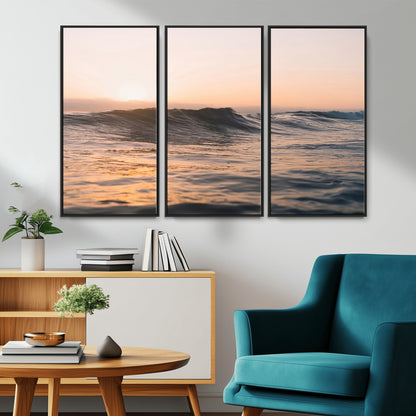 46299358-MGV-CV-36X24-Sunset Waves Wall Art Canvas Print, Framed Ocean Horizon Art Picture Print, Golden Water Perfect Golden Hour Coastal Decor Artwork