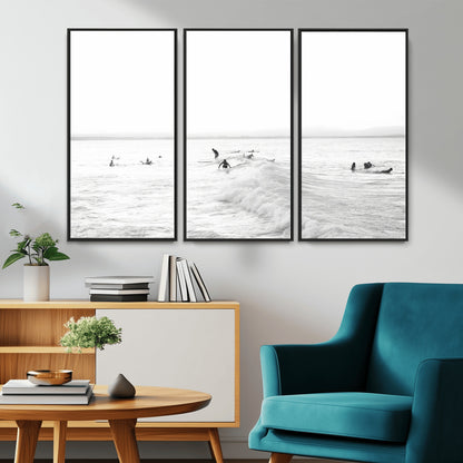 33449548-MGV-CV-36X24-Group Surfers Wall Art Canvas Print, Framed Ocean Wave Art Picture Print, Surf Crowd Perfect Monochrome Surf Decor Artwork