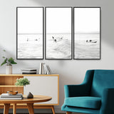 33449548-MGV-CV-36X24-Group Surfers Wall Art Canvas Print, Framed Ocean Wave Art Picture Print, Surf Crowd Perfect Monochrome Surf Decor Artwork
