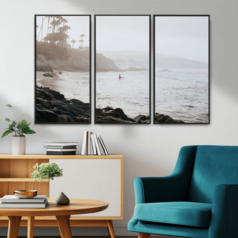 62501405-MGV-CV-36X24-Misty Beach Wall Art Canvas Print, Framed California Surfer Art Picture Print, Coastal Cliff Perfect Coastal Beach Decor Artwork