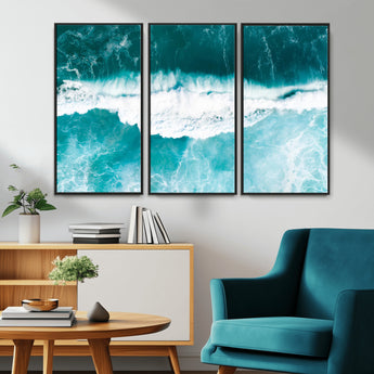 23828594-MGV-CV-36X24-Aerial Waves Wall Art Canvas Print, Framed Ocean Break Art Picture Print, Sea Foam Perfect Tropical Coastal Decor Artwork