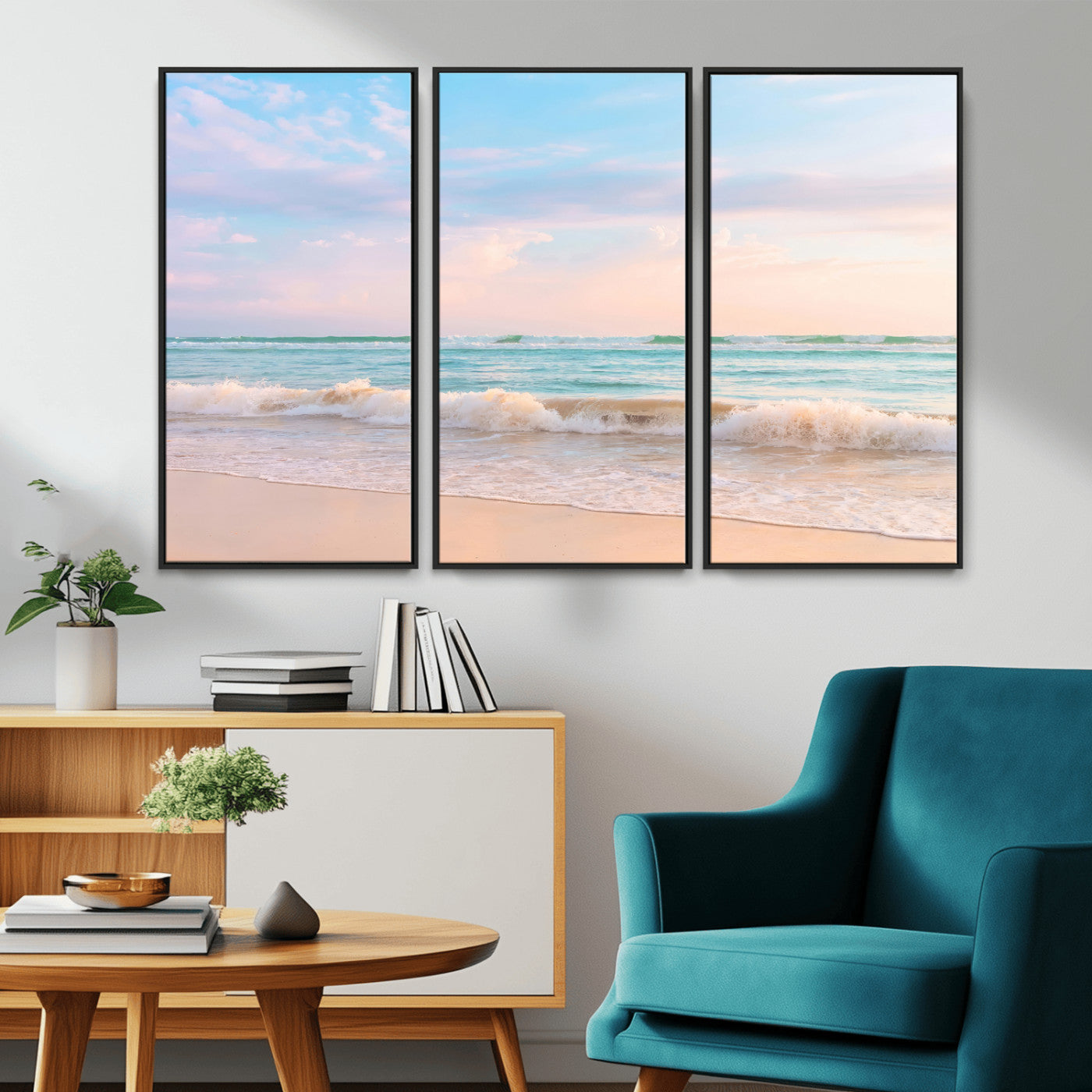 74679437-MGV-CV-36X24-Pastel Ocean Wall Art Canvas Print, Framed Beach Waves Art Picture Print, Soft Sunset Perfect Pastel Coastal Decor Artwork