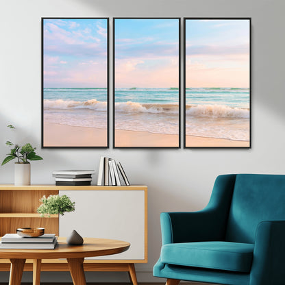 74679437-MGV-CV-36X24-Pastel Ocean Wall Art Canvas Print, Framed Beach Waves Art Picture Print, Soft Sunset Perfect Pastel Coastal Decor Artwork