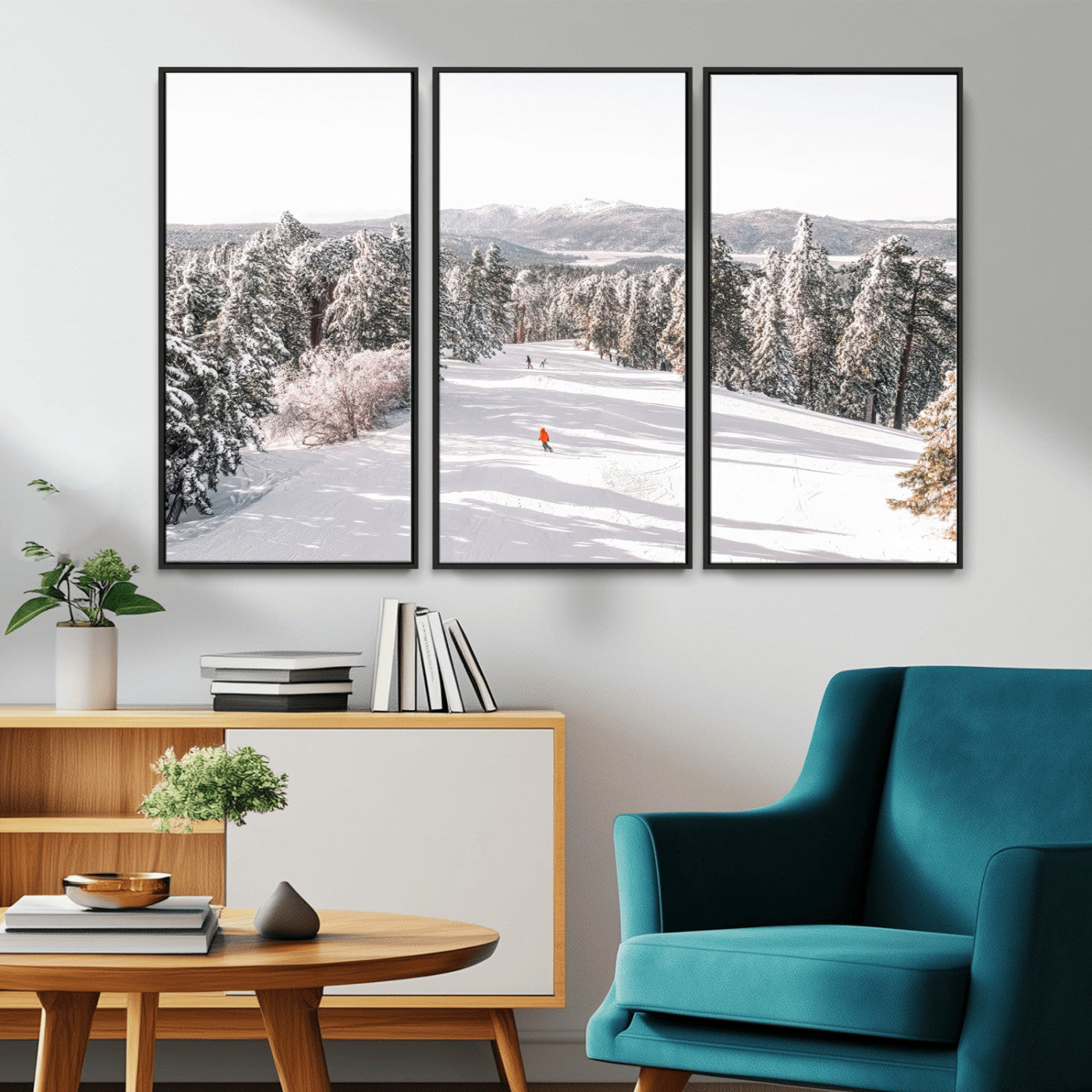 62119206-MGV-FC-48X32-3P_Black-Snowy Trail Wall Art Canvas Print, Framed Ski Slope Art Picture Print, Winter Pines Perfect Alpine Adventure Decor Artwork