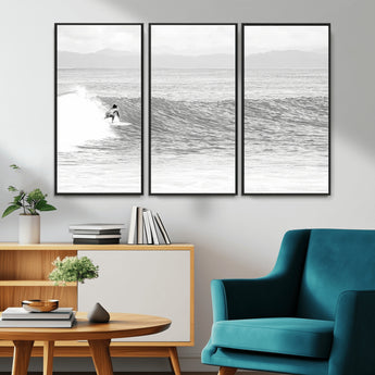 81535128-MGV-CV-36X24-Surfer Woman Wall Art Canvas Print, Framed Black Ocean Art Picture Print, Ocean Surfing Perfect Monochrome Coastal Decor Artwork