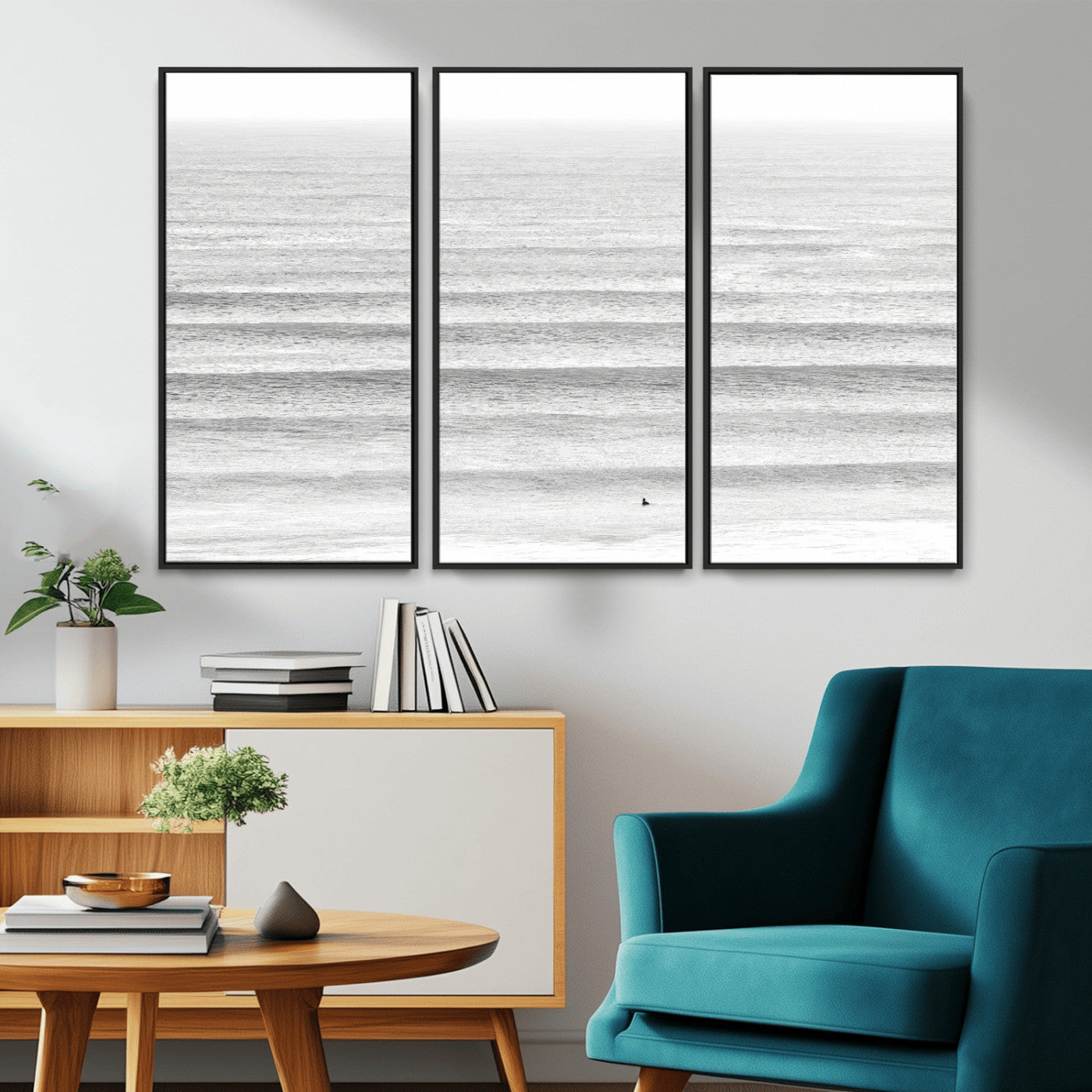 66534476-MGV-CV-36X24-Lone Surfer Wall Art Canvas Print, Framed Ocean Waves Art Picture Print, Minimal Sea Perfect Minimal Coastal Decor Artwork