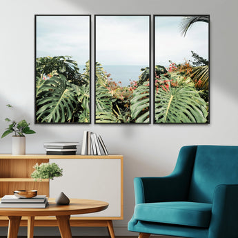 45700479-MGV-CV-36X24-Monstera Leaves Wall Art Canvas Print, Framed Tropical Ocean Art Picture Print, Tropical Foliage Perfect Tropical Coastal Jungle