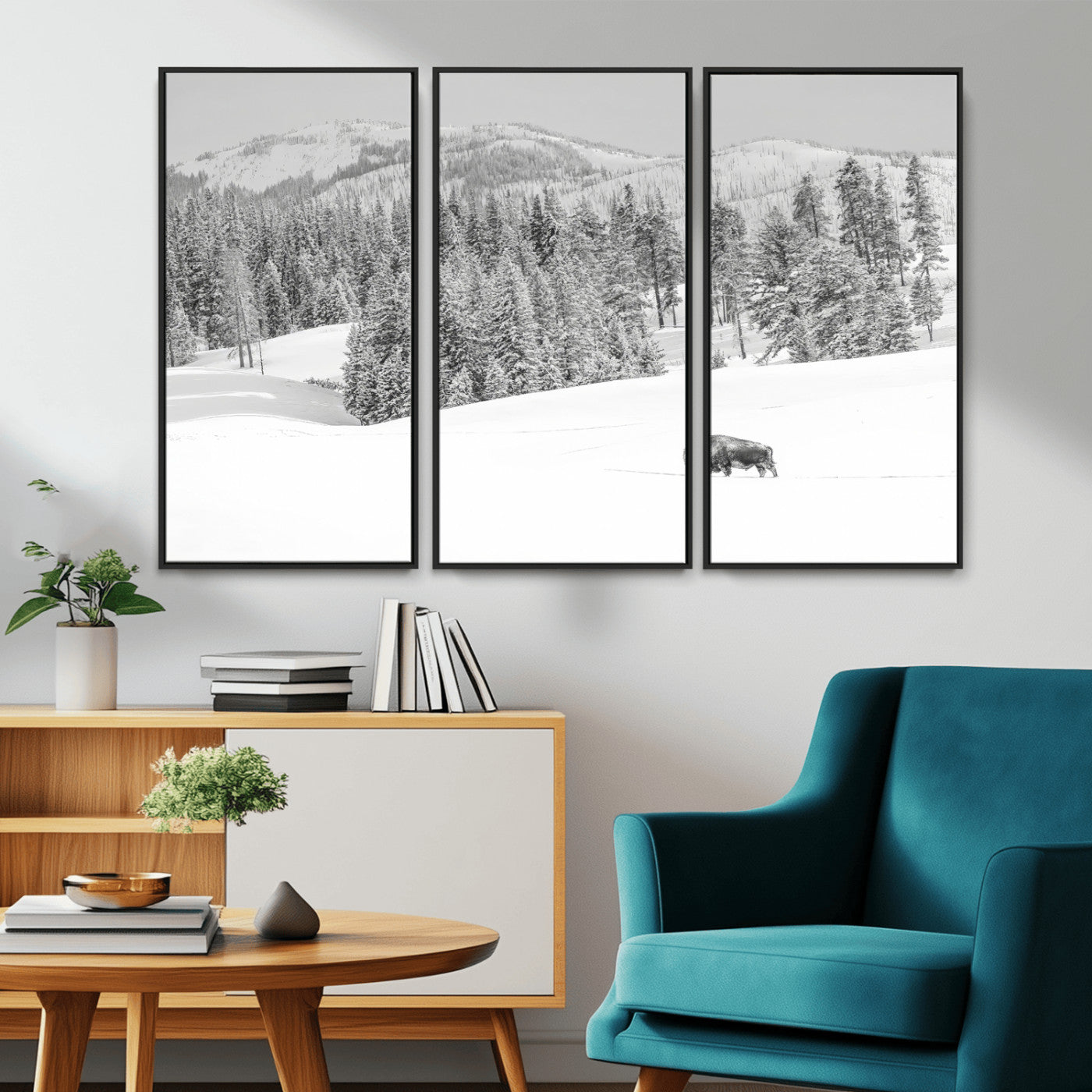 68081143-MGV-CV-36X24-Snowy Bison Wall Art Canvas Print, Framed Winter Forest Art Picture Print, Lone Bison Perfect Monochrome Winter Wild Decor Artwork